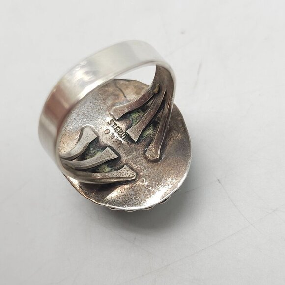 Vintage Navajo Sterling Silver Azurite Ring Size 7.5 With Rope-Edge Design - Picture 4 of 6